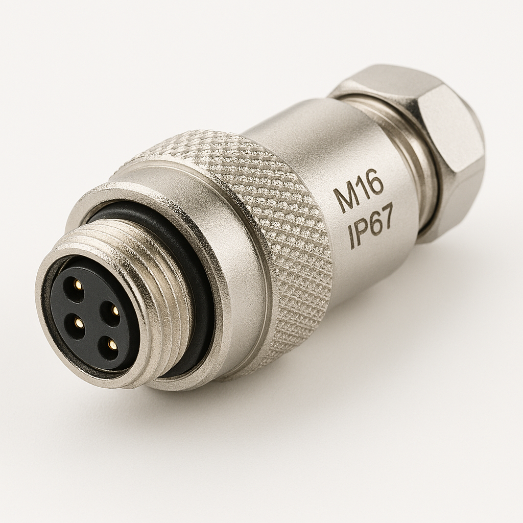 Close-up of an M16 waterproof circular connector showing IP67 sealing features