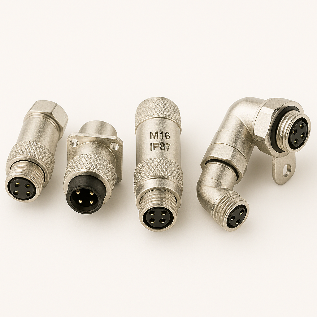 Collection of M16 connector types: straight, panel-mounted, hybrid, right-angle