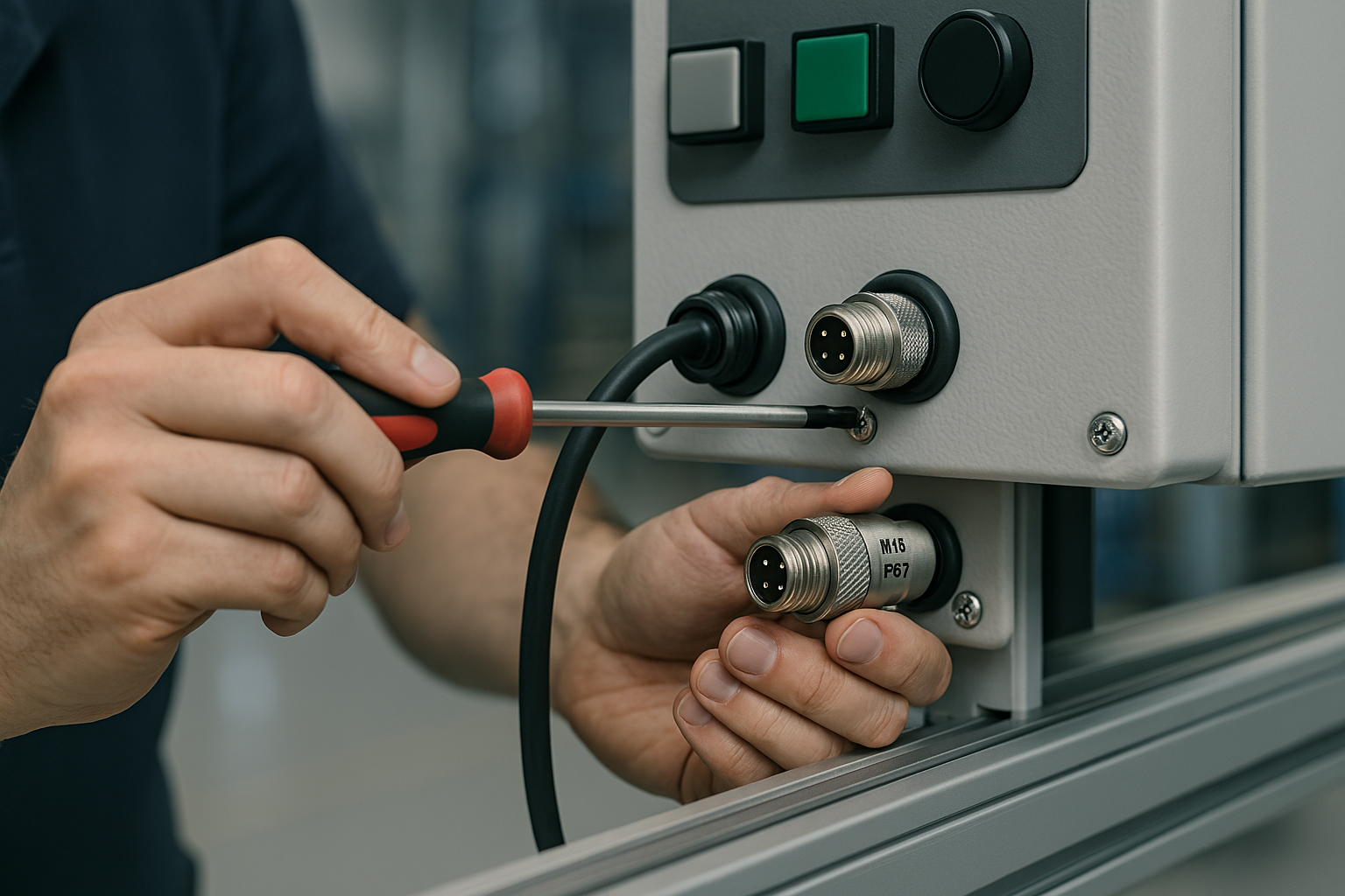 Technician installing an M16 waterproof connector demonstrating correct sealing