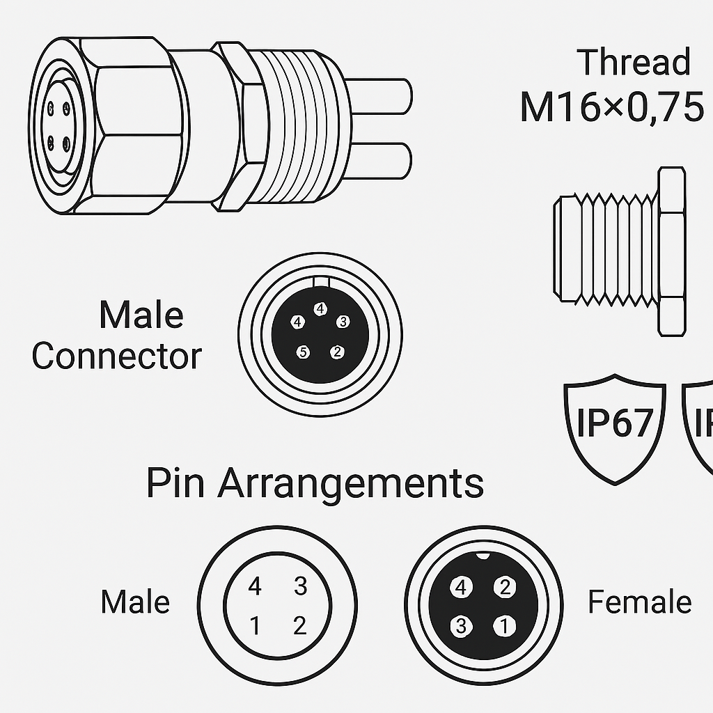 M16 circular connector - thread, pin size, IP rating, etc.