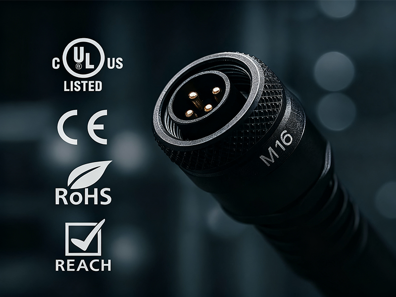 M16 circular connector certification icons (UL, CE, RoHS, REACH)
