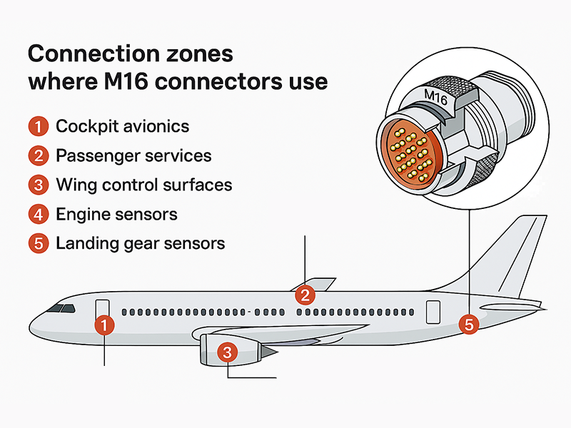 Application zones for M16 connectors across an aircraft