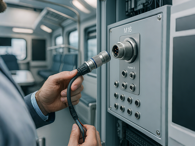 Technician installing M16 circular connector in train control panel