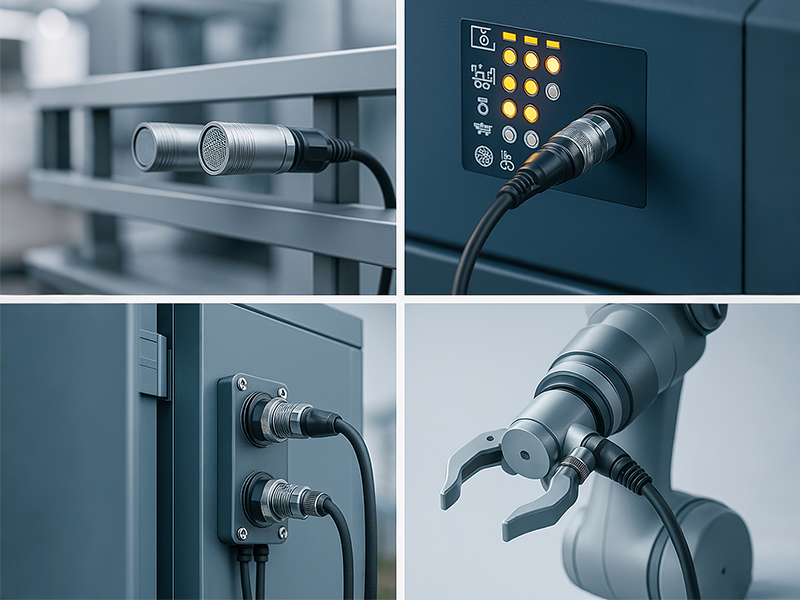 M16 connector use cases: factory, rail, wayside, robotics.