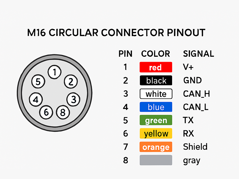 Typical M16 connector variants and pin configurations used in industrial automation.
