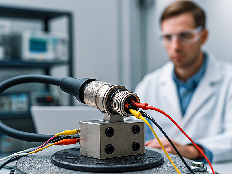M16 connector under vibration and thermal testing for reliability validation.