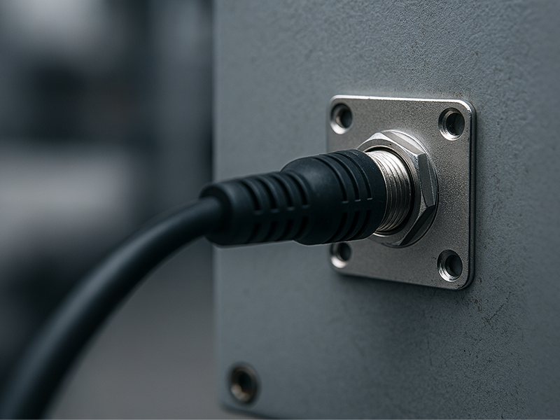 Flange-mount M12 panel connector on metal control panel