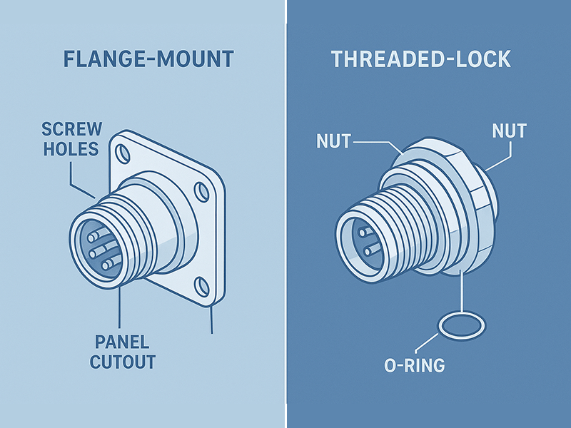 Side-by-side comparison graphic — flange vs threaded M12 panel mount