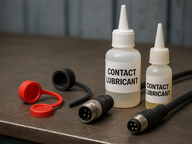 The M12 connector is equipped with a protective dust cover.