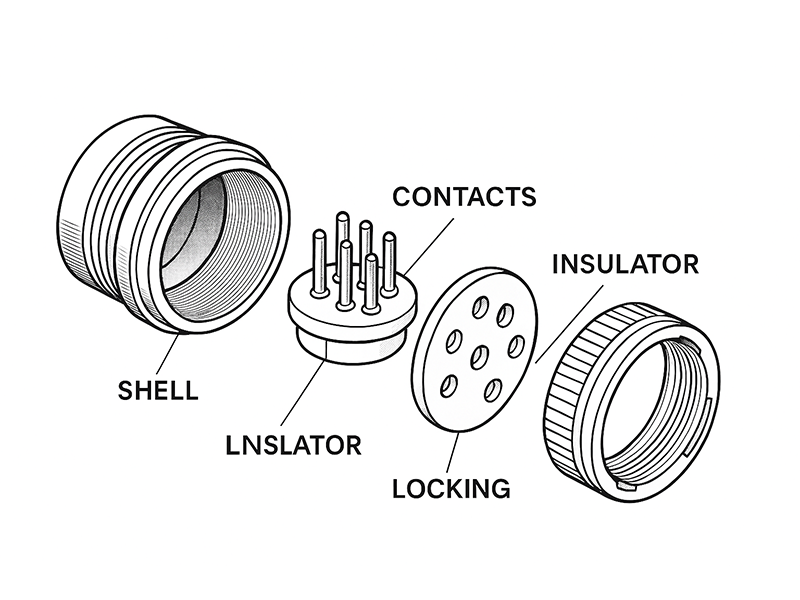 Technical diagram of circular connector disassembly