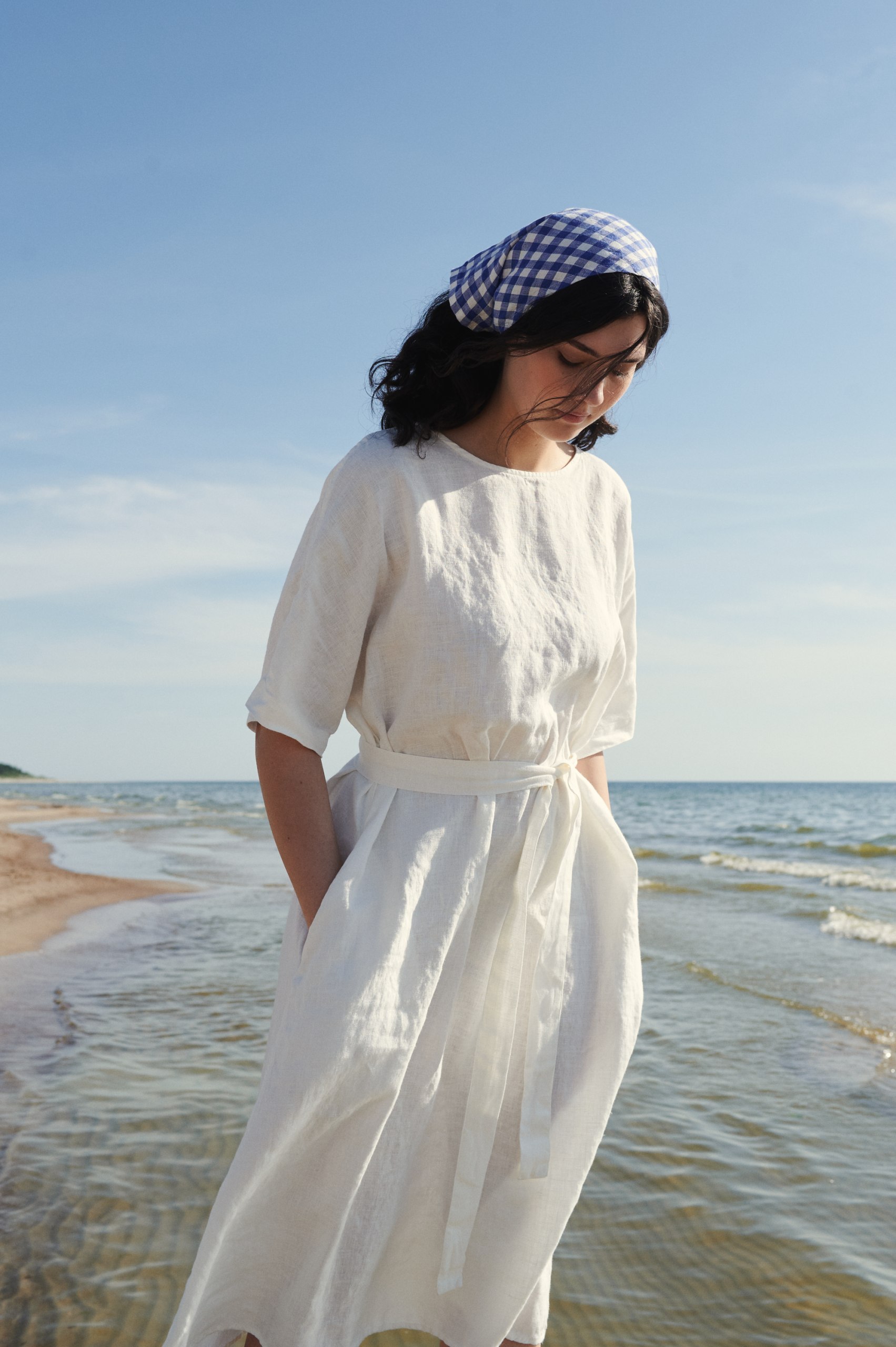 knee length dresses for ladies White Cotton Linen Goddess Kaftan Dress, Deep V Neck Kaftan Dress