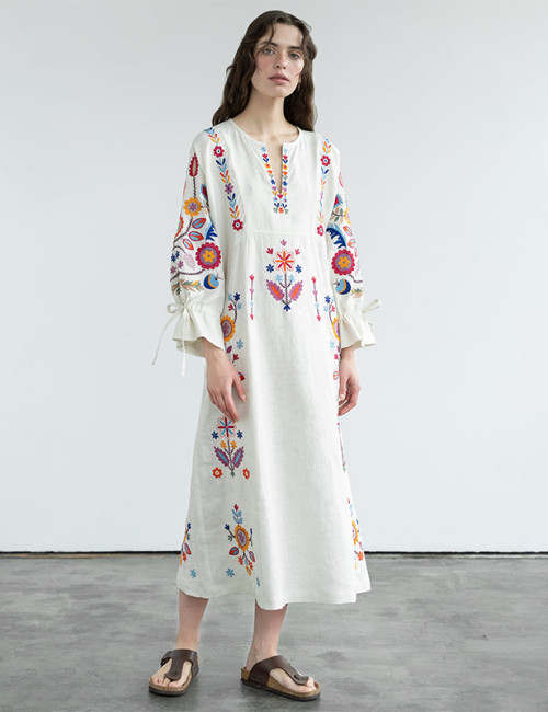 Manufacturer|Linen Embroidered Maxi Dress|Cotton & Linen Blend|Customized Designs