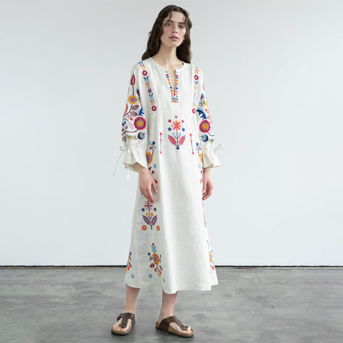 Manufacturer|Linen Embroidered Maxi Dress|Cotton & Linen Blend|Customized Designs