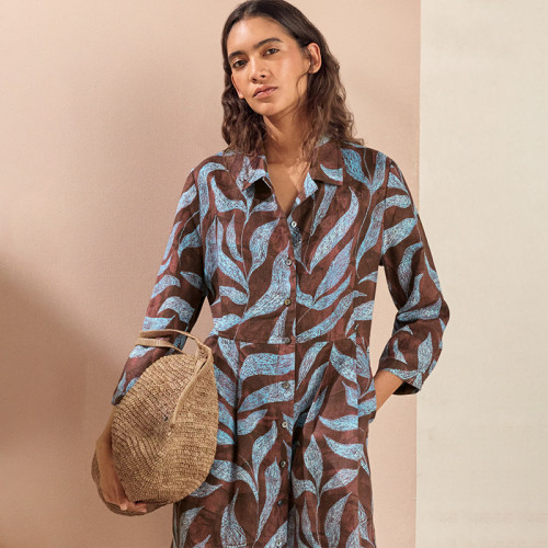 Custom Cotton Linen Printed Turn Down Collar Cardigan Half-Sleeve Dress Manufacturer | Linenwind