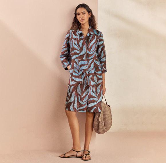 Custom Cotton Linen Printed Turn Down Collar Cardigan Half-Sleeve Dress Manufacturer | Linenwind