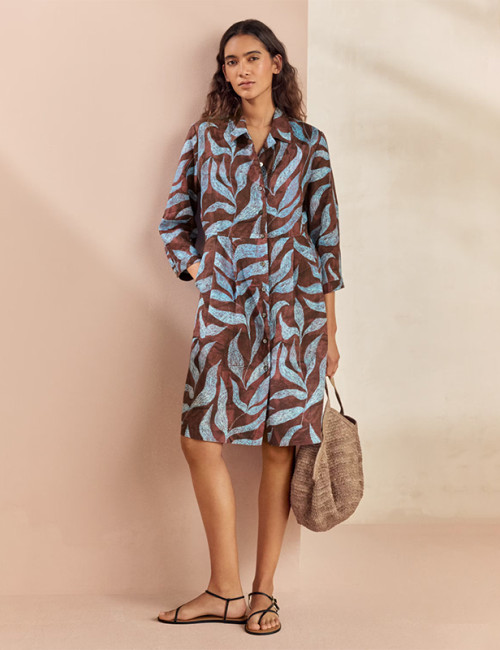 Custom Cotton Linen Printed Turn Down Collar Cardigan Half-Sleeve Dress Manufacturer | Linenwind