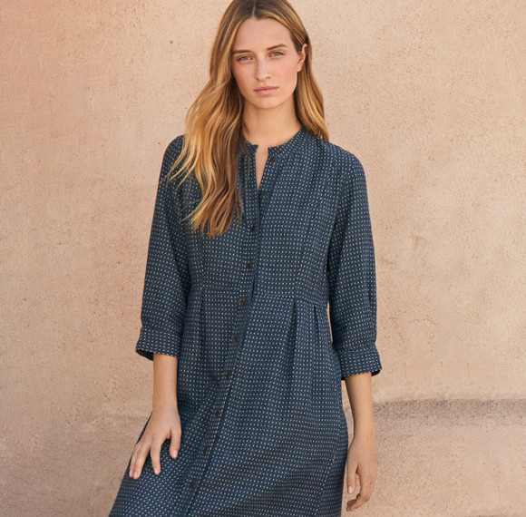 Custom Dark Blue Cotton Linen Cardigan Button Half Sleeve Polka Dot Long Dress Manufacturer | Linenwind