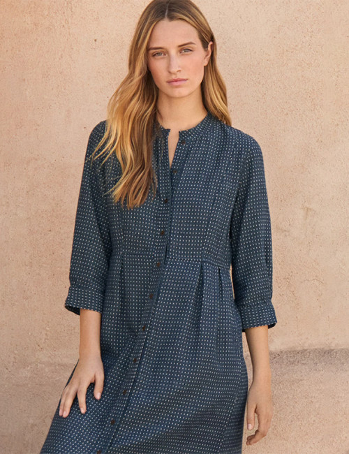 Custom Dark Blue Cotton Linen Cardigan Button Half Sleeve Polka Dot Long Dress Manufacturer | Linenwind