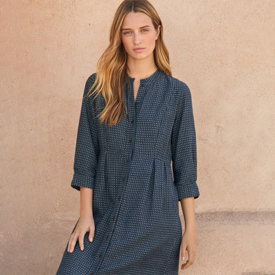 Custom Dark Blue Cotton Linen Cardigan Button Half Sleeve Polka Dot Long Dress Manufacturer | Linenwind