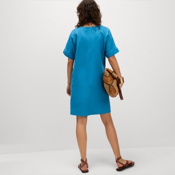 Custom V neck Straight Short Sleeve Linen Mini Dress Manufacturer | Linenwind