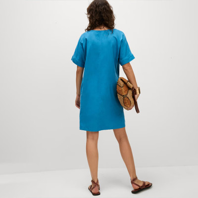 Custom V neck Straight Short Sleeve Linen Mini Dress Manufacturer | Linenwind