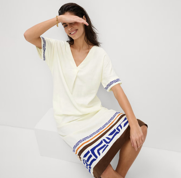 Custom Ethnic Printed V Neck Linen Dress Manufacturer | Linenwind