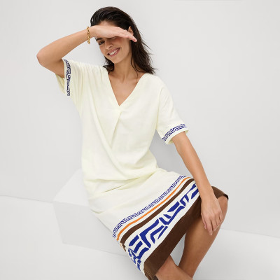 Custom Ethnic Printed V Neck Linen Dress Manufacturer | Linenwind