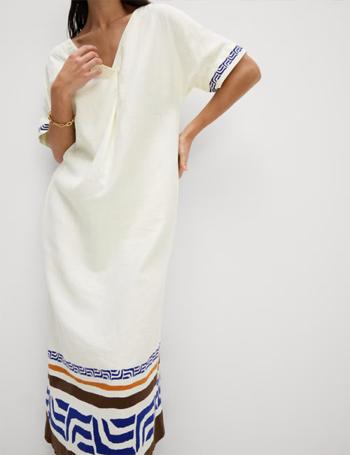 Customized Cotton and Linen Ethnic Style Printed V-Neck Mid-Length Dress Manufacturer | Linenwind