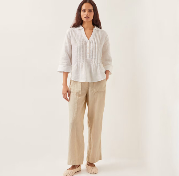 Custom Pure Linen Collared V-Neck Pintuck Blouse Manufacturer | Linenwind