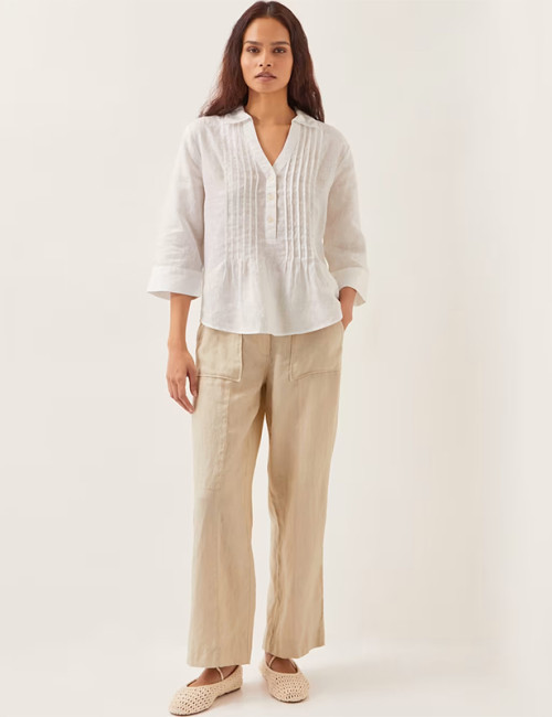 Custom Pure Linen Collared V-Neck Pintuck Blouse Manufacturer | Linenwind