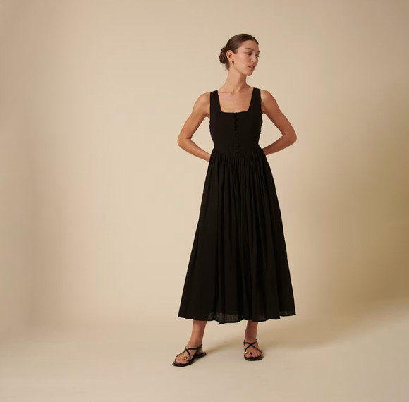 Black Square Neck Linen Maxi Dress – Elegant Button Front Design