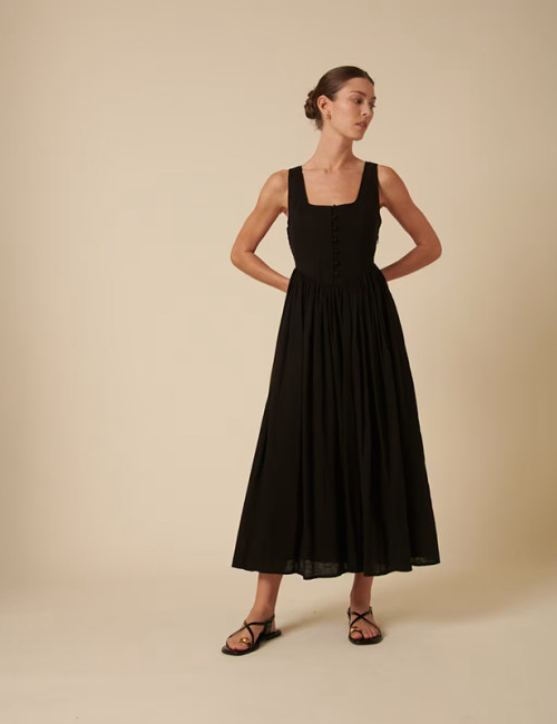 Black Square Neck Linen Maxi Dress – Elegant Button Front Design