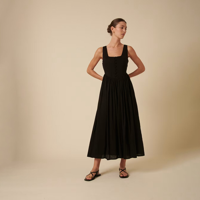 Black Square Neck Linen Maxi Dress – Elegant Button Front Design