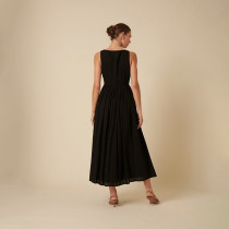 Black Square Neck Linen Maxi Dress – Elegant Button Front Design