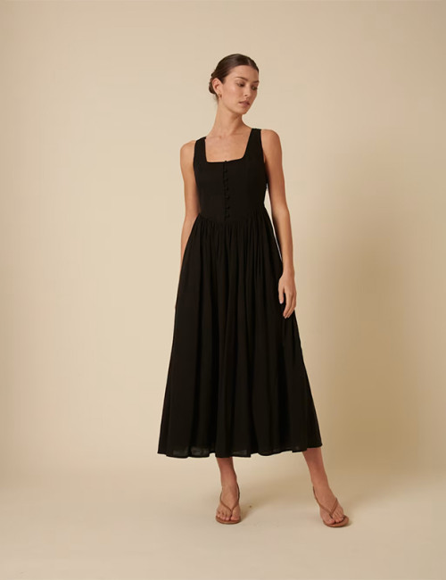 Customized Square Neck Button Front Mid-Rise Linen Dress Manufacturer | Linenwind