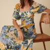 Custom Pure Linen Printed Square Neck Waist Dress Manufacturer | Linenwind