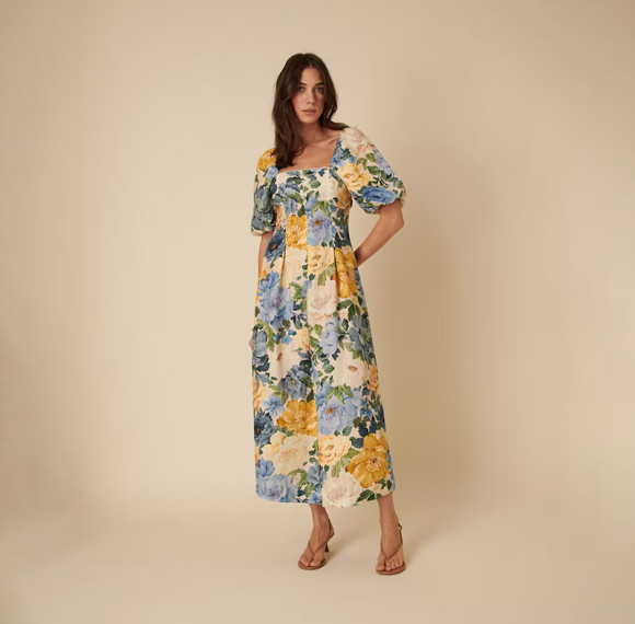 Custom Pure Linen Printed Square Neck Waist Dress Manufacturer | Linenwind