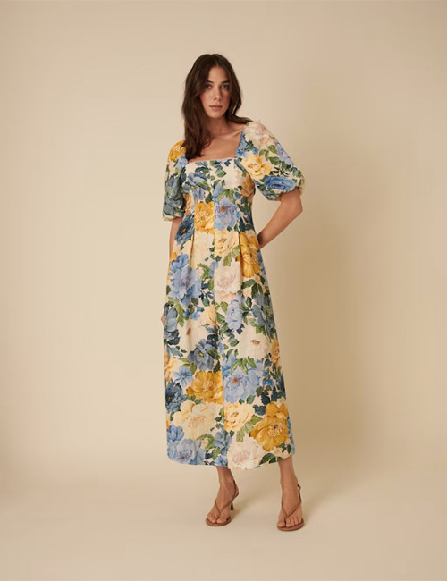 Custom Pure Linen Printed Square Neck Waist Dress Manufacturer | Linenwind