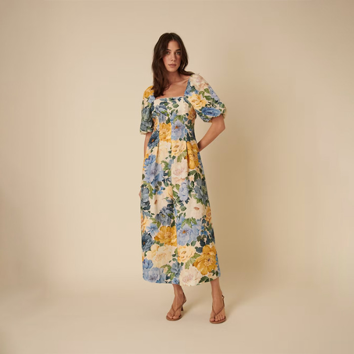 Custom Pure Linen Printed Square Neck Waist Dress Manufacturer | Linenwind