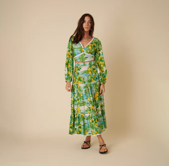 Custom Lemon Print Linen Multi Layered Maxi Dress Manufacturer | Linenwind