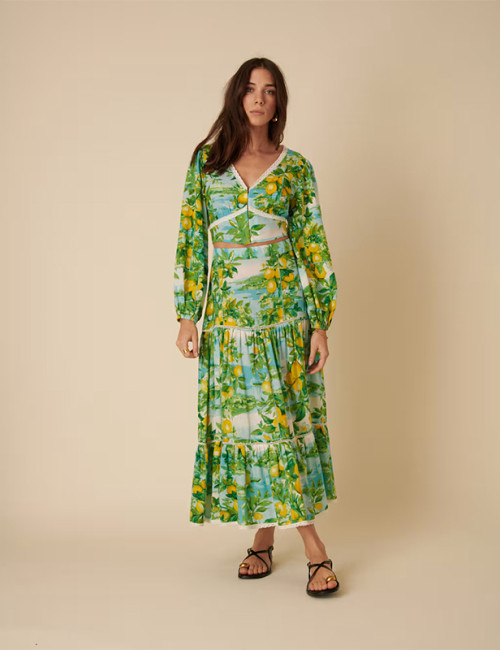 Custom Lemon Print Linen Multi Layered Maxi Dress Manufacturer | Linenwind