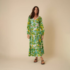 Custom Lemon Print Linen Multi Layered Maxi Dress Manufacturer | Linenwind