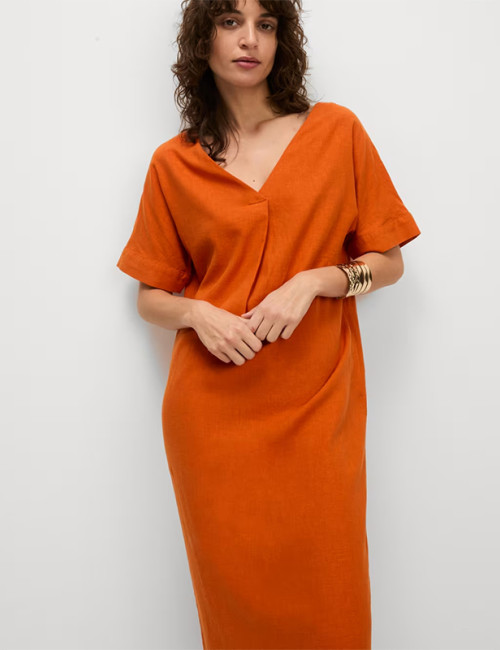Custom Linen V Neck Midi Dress Manufacturer | Linenwind