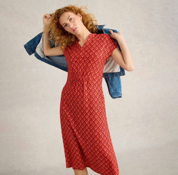 Custom Linen Jersey Printed V Neck Midi Dress Manufacturers | Linenwind
