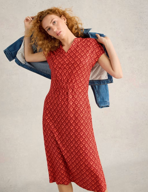 Custom Linen Jersey Printed V Neck Midi Dress Manufacturers | Linenwind