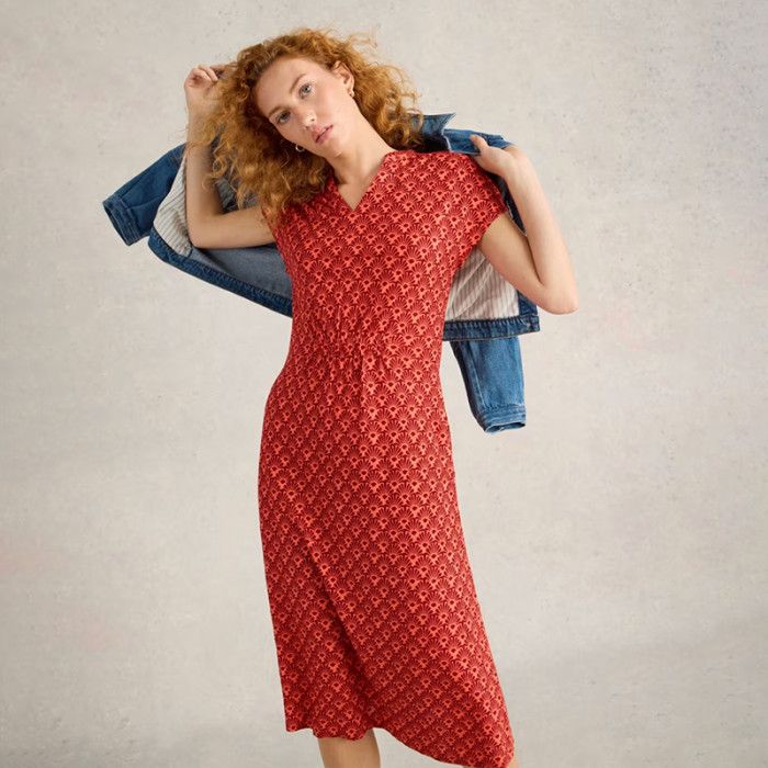 Custom Linen Jersey Printed V Neck Midi Dress Manufacturers | Linenwind