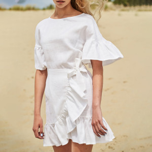 Custom Linen Wrap Ruffle Sleeve Mini Dress Manufacturer | Linenwind
