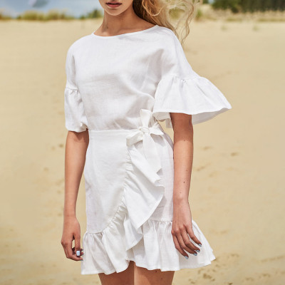 Custom Wrap Ruffle Sleeve Linen Mini Dress Manufacturer | Linenwind