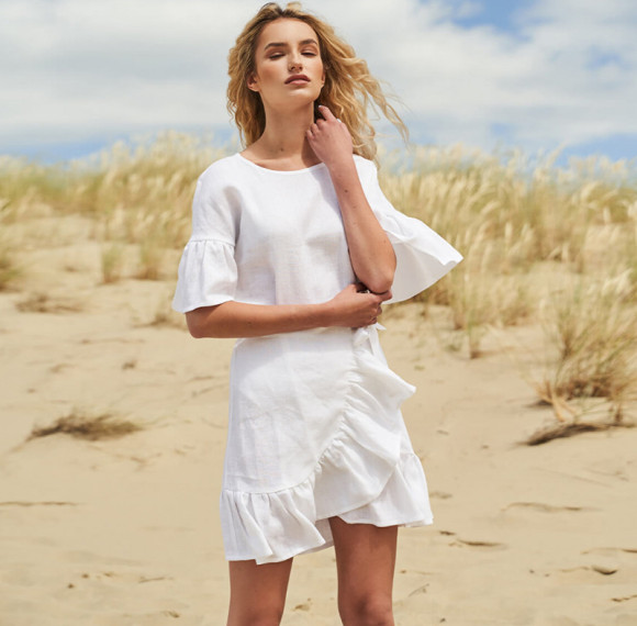 Custom Linen Wrap Ruffle Sleeve Mini Dress Manufacturer | Linenwind