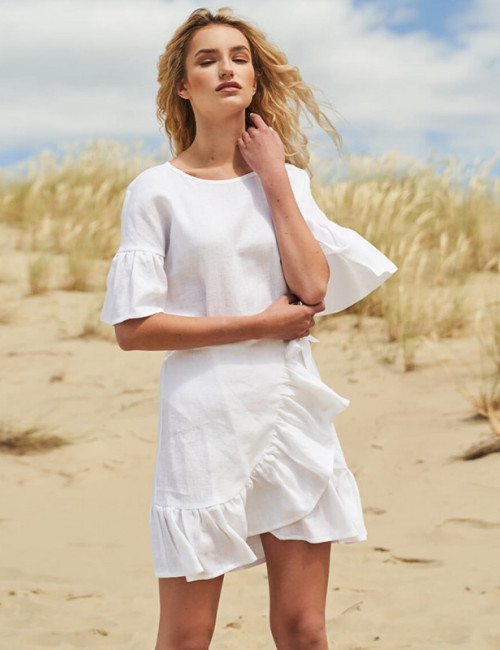 Custom Linen Wrap Ruffle Sleeve Mini Dress Manufacturer | Linenwind